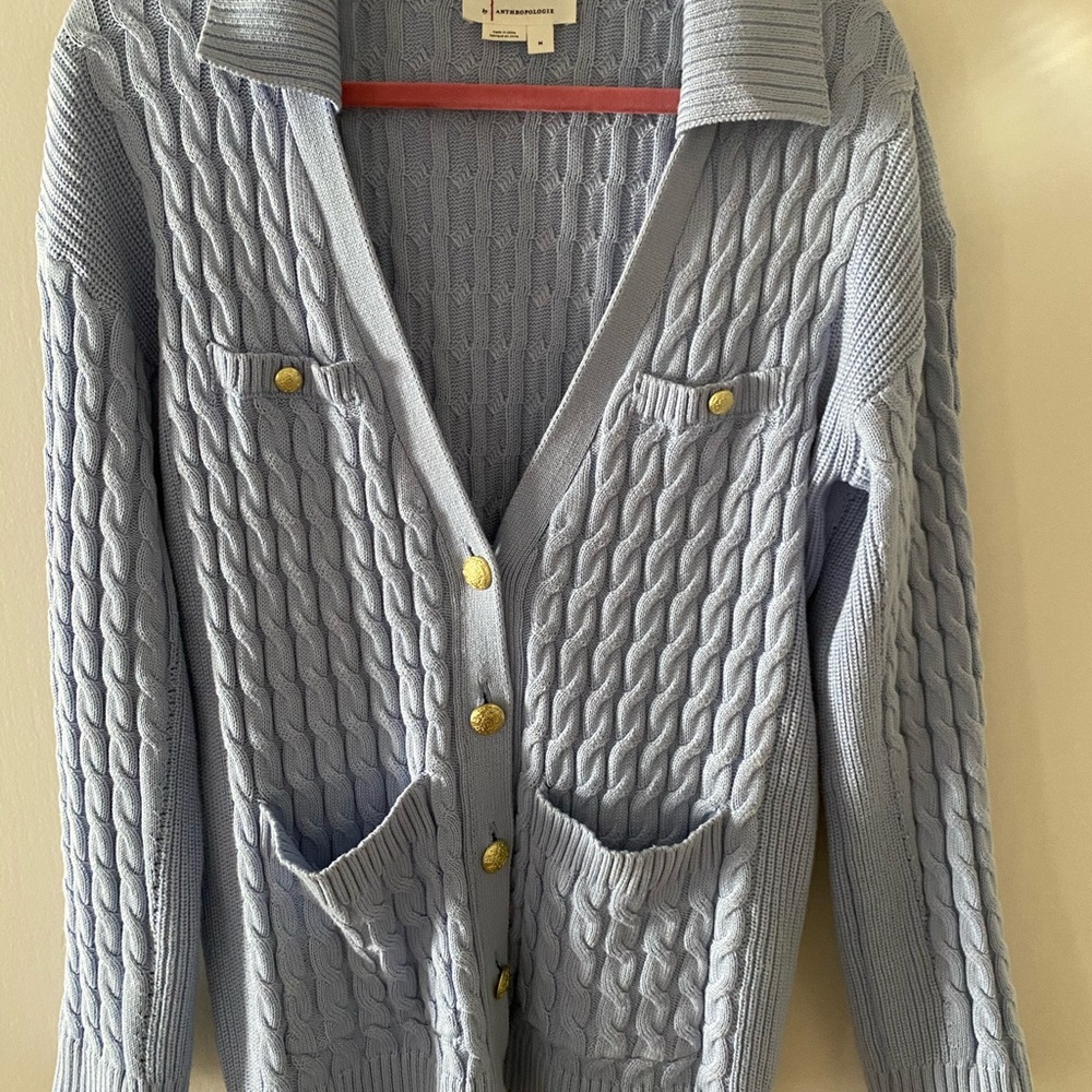 Cable Knit Button-Front Cardigan Sweater - Light Blue - Anthropologie - Size Med